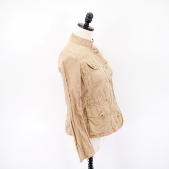 Ann Taylor Loft Canvas Zip + Button Front Pocket Jacket Mock Neck XSP Petite Tan - Picture 5 of 9